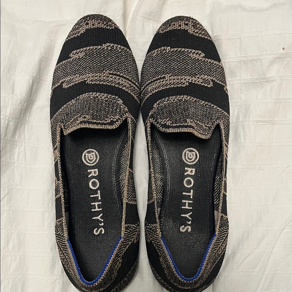 Rothy's Black and Gold Knit Slip-On Loafers